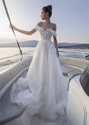 Off Shoulder Beaded Ivory Lace Tulle Romantic Floral Wedding Dress